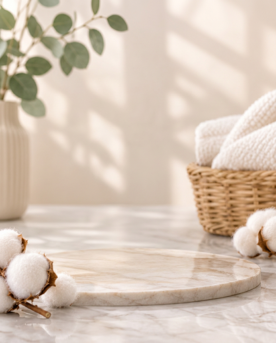 Organic cotton pad on travertine stone with eucalyptus and cotton flowers